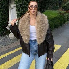 Faux Fur PLush Collar Pu Leather Jacket