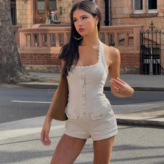 Halter Buttoned White Short Romper