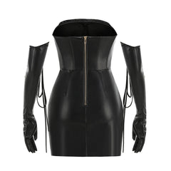 Black PU Leather Cinched Waist Pleated Mini Dress with Gloves