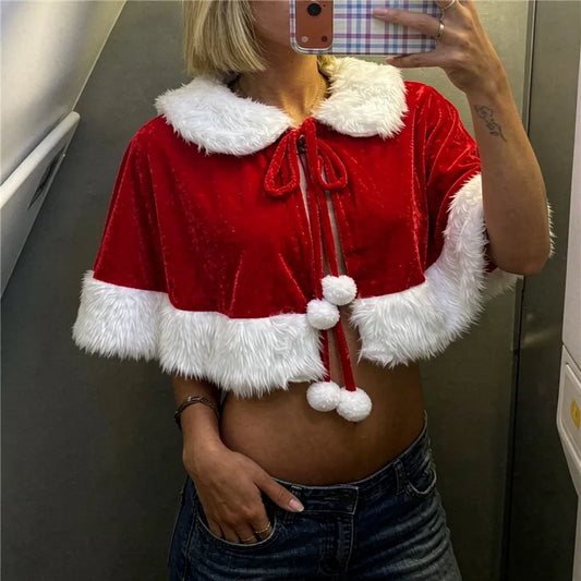 Santa Red Velvet White Faux Fur Trim Collar Pom Pom Tie Shawl Short Cape
