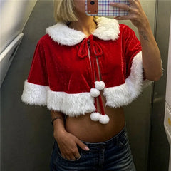 Santa Red Velvet White Faux Fur Trim Collar Pom Pom Tie Shawl Short Cape