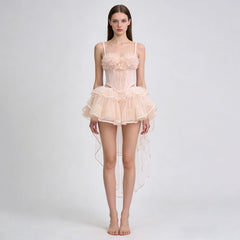 3D Flower Strapless Corset Top And Asymmetrical Tulle Skirt  Set