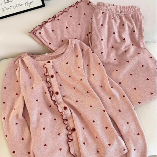 Pink Buttoned Heart-Shaped Printed Pajama Long Sleeved Set