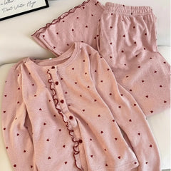 Pink Buttoned Heart-Shaped Printed Pajama Long Sleeved Set