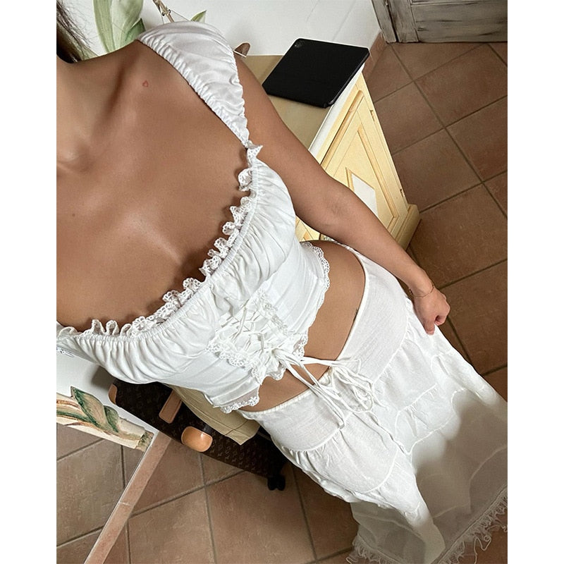 White Lace Tie-Up Top And Maxi Skirt Set