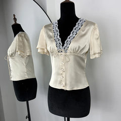 Satin Lace V-neck Short Sleeve Top