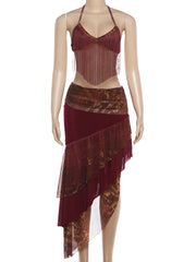 Burgendy Tassel Patchwork Halter Tank Top And Irregular Hem Midi Skirt Set