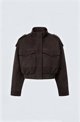 Faux Suede  Stand Collar Zip Up Flap Pockets Cropped Jacket