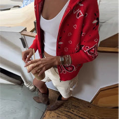 Paisley Knitted Zipper Stand Collar Cardigan Sweatshirt