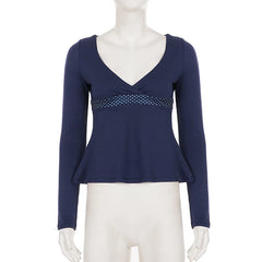 Blue Long Sleeve Polka Dot Band Peplum Top