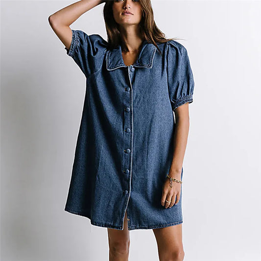 Denim Babydoll Short Sleeve Doll Collar Mini Dress