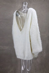 Fuzzy sweater with a deep V-neck for women.