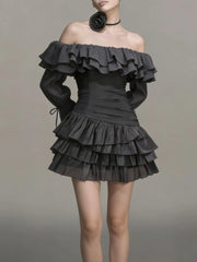 Off-shoulder Long Sleeve Ruffle Mini Dress