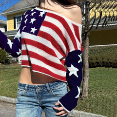 One-Shoulder American Flag Knit Top