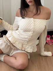 Off Shoulder Print Polka Dot Top