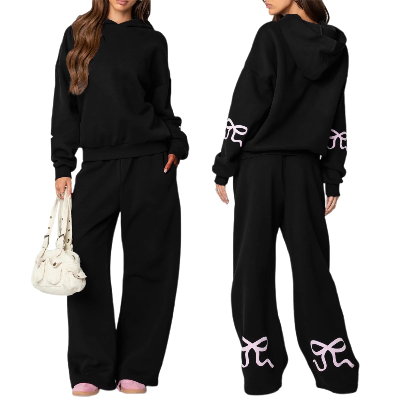 Women's bow print hooded sweatshirt and matching tracksuit set.

