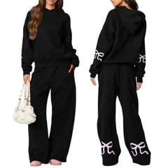 Women's bow print hooded sweatshirt and matching tracksuit set.

