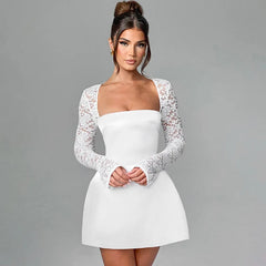 Lace Splice A-line Long Sleeve Mini Dresses