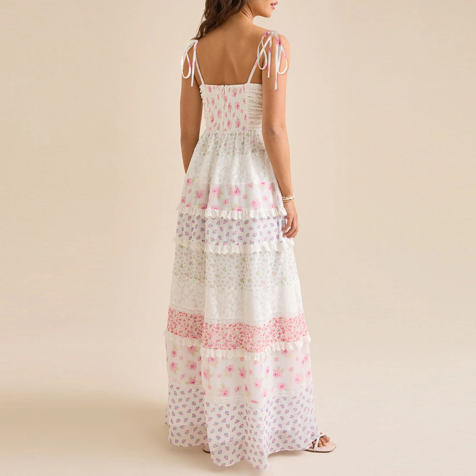 Women's whimsical floral patchwork tiered maxi dress.

