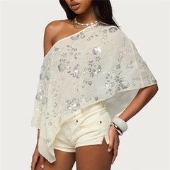 Sequin One Shoulder Sheer Poncho Top