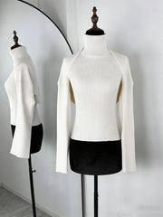 Ribbed Knit Turtleneck Cutout Shoulder  Vest Long-Sleeved Shawl 2-Piece Set Top