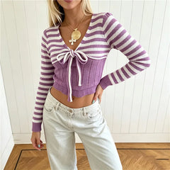 Purple White Striped Cropped Knit Bow Long Sleeve Top