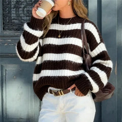Striped Fuzzy Crew Neck Sweater