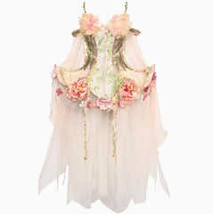 Flower goddess cosplay mini dress with boned bodice, tulle skirt, and romantic rose details.