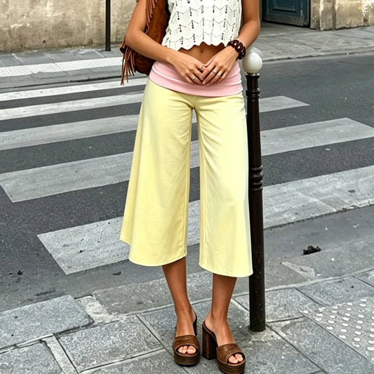 Fold Over Waist Wide Leg Capri Pants