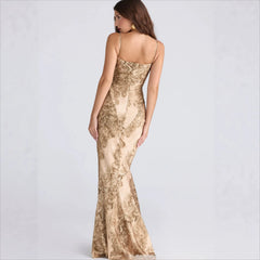 Brown Printed Satin Strappy Maxi Dress