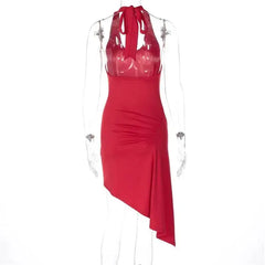 Halter U Neck Side Ruched High Split Mini Dress