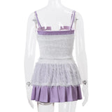 White Fur Purple Patchwork Crop Top And Mini Skirt Set