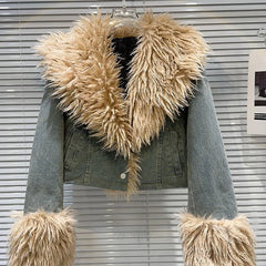 Denim Faux Fur Plush Sleeve Collar Jacket Free From Label