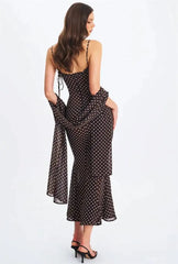 Black Polka Dot Sweetheart Neck Spaghetti Strap Scarf Maxi Dress