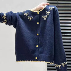 Jacquard Bow Round Neck Knitted Cardigan