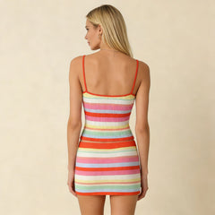 Striped Knit Spaghetti Strap Top and Pencil Mini Skirt Set