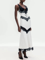 White Lace Patchwork Mermaid Hem Midi Dress