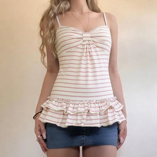 Pink Striped Ruffled Hem Tank Top