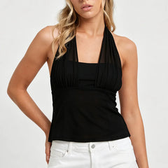 Mesh Spliced Bust Tie Sleeveless Top
