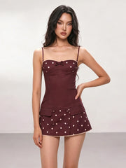 Square Neck Button Applique Polka Dot Mini Dress