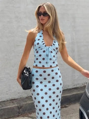 Blue Polka Dot Halter Drawstring Ruched Top And Midi Skirt Set