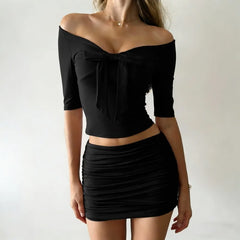 Bow V-Neck Cropped Top And Pleated Mini Skirt Set
