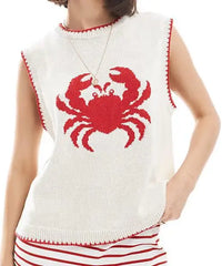 White sleeveless sweater with red crab design 