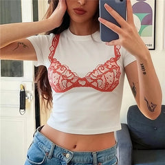 Lace Bra Print Short Sleeve Tee