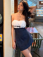 Blue Striped Ruched Bust Strapless Mini Dress