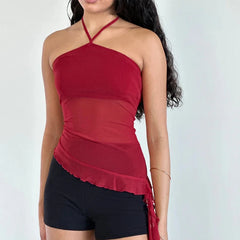 Asymmetric Hem Mesh Halter Tank Top