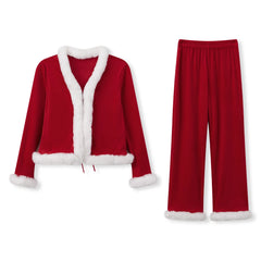 Velvet Santa Fur Trim Tie Up Top And Long Pants Set