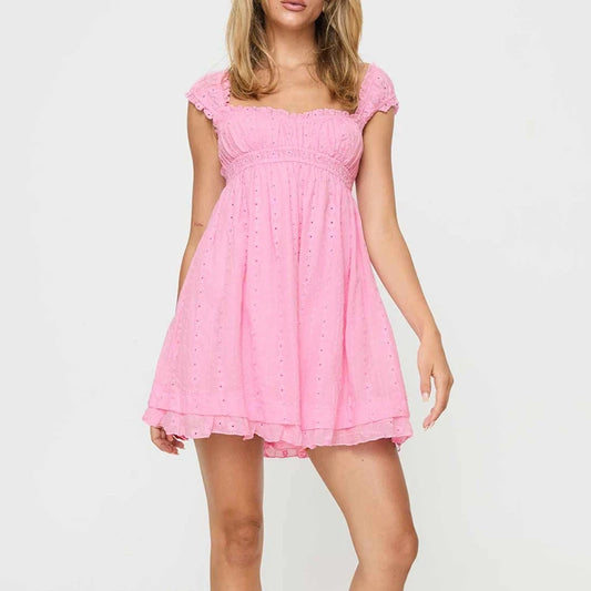 Jacquard Eyelet Ruffle Hem Babydoll Mini Dress