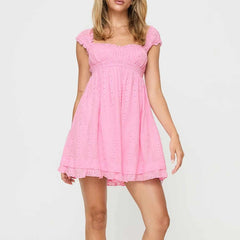 Jacquard Eyelet Ruffle Hem Babydoll Mini Dress