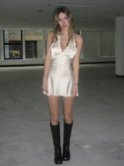 Halter Trim V-Neck Mini Satin Dress
